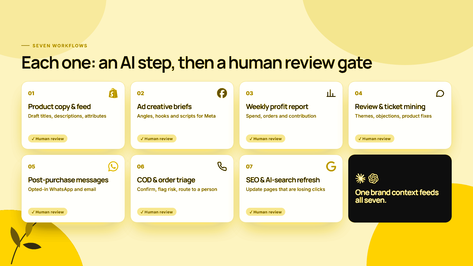 Seven AI marketing workflows for ecommerce, each with a human review gate: product copy, ad briefs, profit report, review mining, post-purchase messages, COD triage and SEO refresh