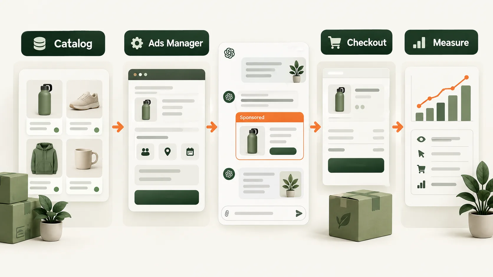 Workflow showing a Shopify catalog connecting to ChatGPT Ads Manager, a sponsored placement, checkout, and measurement