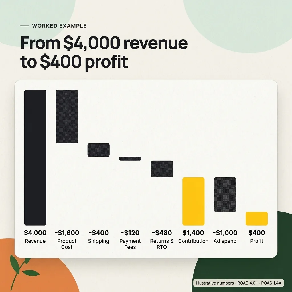 Worked example showing how revenue becomes contribution profit after product, shipping, fees, returns and ad spend